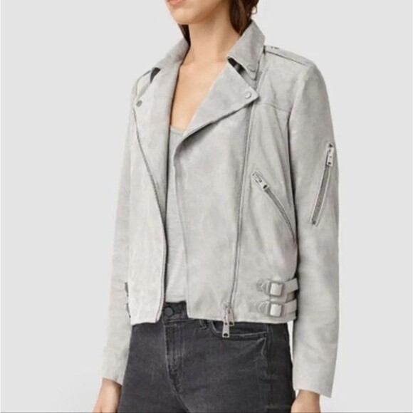 ALL SAINTS Sky Blue Suede Moto Jacket NWOT Sz 2 - Picture 2 of 16